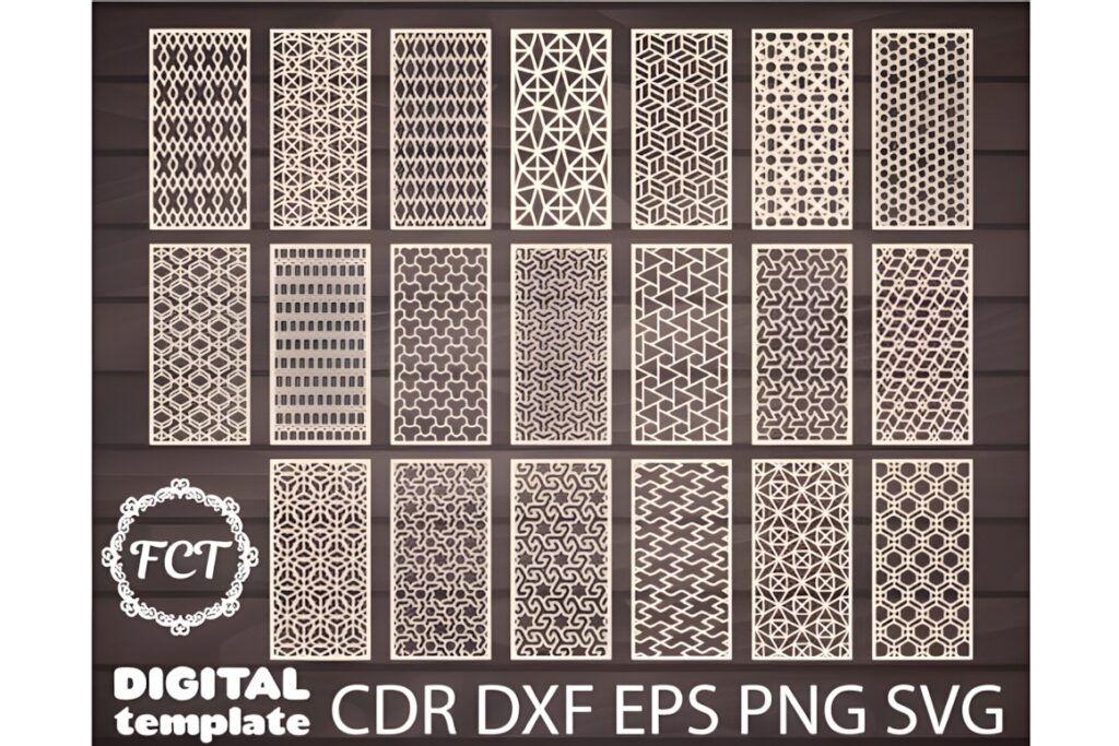 33 Modern Cnc Jaali Design Ideas for Modern Architectural Spaces 27 modern CNC jaali design featuring 20 geometric laser cut panel templates arranged in four rows on a dark background