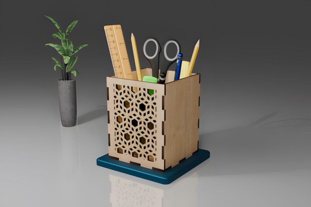 37 Laser Cut Ideas for Creative Maker Projects 33 Laser cut wooden pencil holder with geometric pattern containing scissors, pencils, and ruler on a blue base