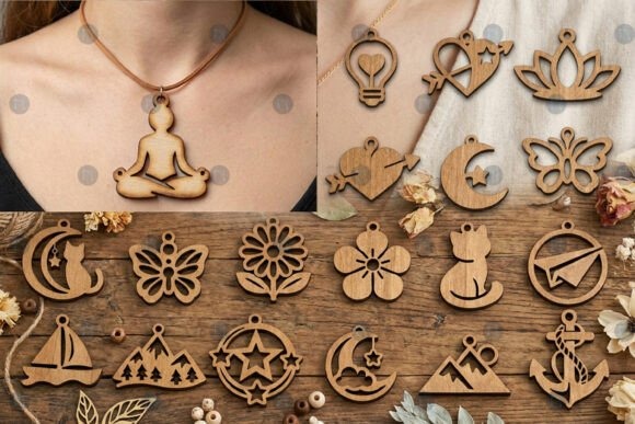 15 Laser Cut Pendant Ideas for Unique Handmade Jewelry 2 Laser cut pendant designs including a yoga figure necklace and various nature and symbol shapes on a wooden surface