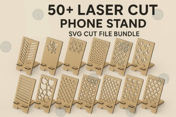 12 Laser Cut Projects for Gifts, Decor and Everyday Use 3 Laser cut projects for gifts showing 12 wooden phone stands with various decorative patterns