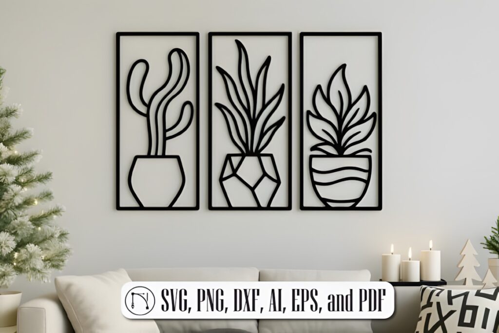45 Laser Cut Files for Ready-to-Make Laser Projects 46 Laser cut files showing three geometric plant pot silhouettes in black framed wall art
