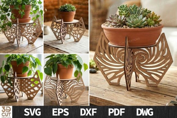12 Laser Cut Projects for Gifts, Decor and Everyday Use 10 Laser cut projects for gifts showing plant stands with intricate floral and geometric patterns holding small potted plants