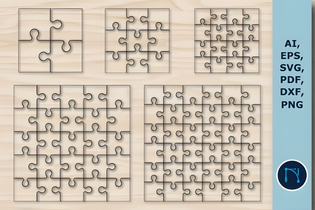 45 Laser Cut Files for Ready-to-Make Laser Projects 11 Laser cut files showing five puzzle layouts in various sizes and piece counts on a wooden background