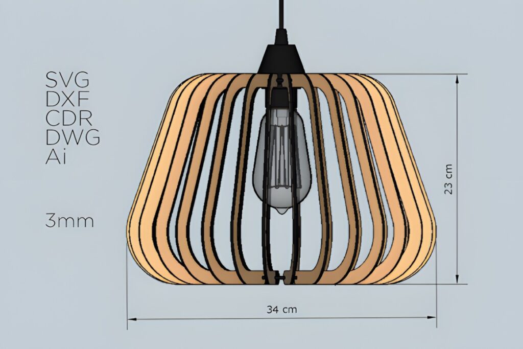 45 Laser Cut Files for Ready-to-Make Laser Projects 7 Laser cut files for a 3 mm plywood pendant lamp with slotted shade, dimensions 34 cm wide and 23 cm high