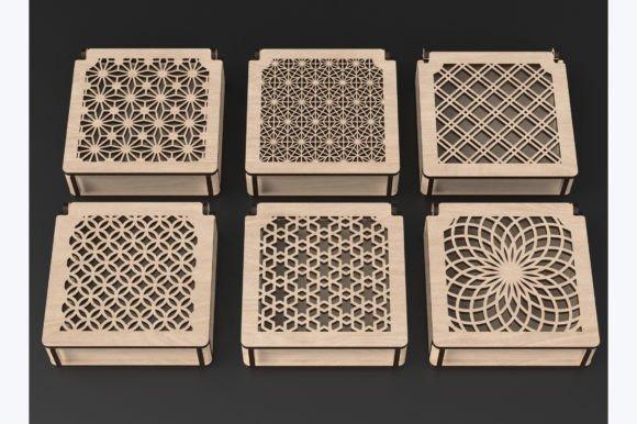 13 Laser Cut Box Projects for Cards, Keepsakes and Small Gifts 6 Laser cut box projects showing six small wooden boxes with different intricate decorative lids