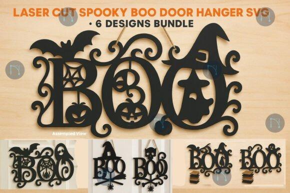 Halloween Laser Cut BOO Door Hanger — Halloween laser cut ideas Halloween laser cut ideas showing a black single-layer BOO door hanger with witch hat, bats, pumpkins, and spider-web details
