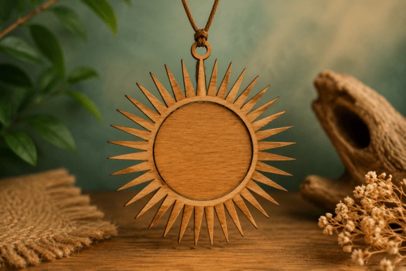 Laser cut necklace with a wooden sunburst pendant featuring a bold circular center and radial rays