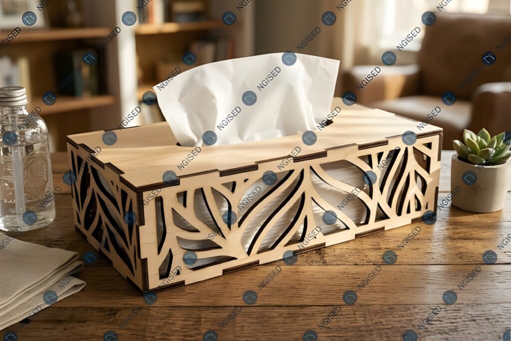 37 Laser Cut Ideas for Creative Maker Projects 34 Laser cut wooden tissue box with intricate leaf pattern on a wooden table