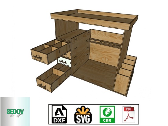 10 Laser Cut Projects for Useful Home and Workshop Builds 4 Laser cut projects for home and workshop showing a wooden tool desk organiser craft box with multiple compartments and