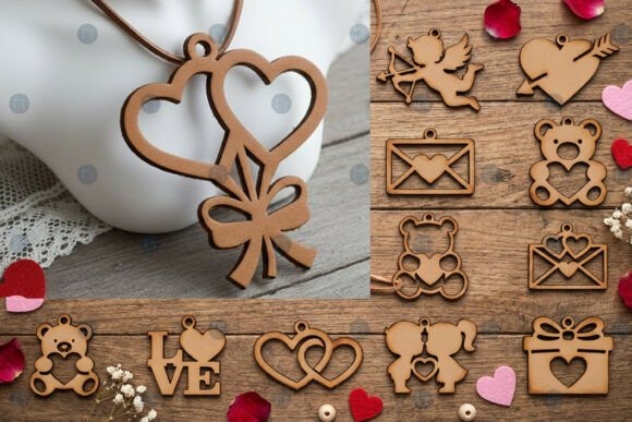 15 Laser Cut Pendant Ideas for Unique Handmade Jewelry 6 Laser cut pendant with two interlocking hearts and a bow, surrounded by various love-themed laser cut pendants