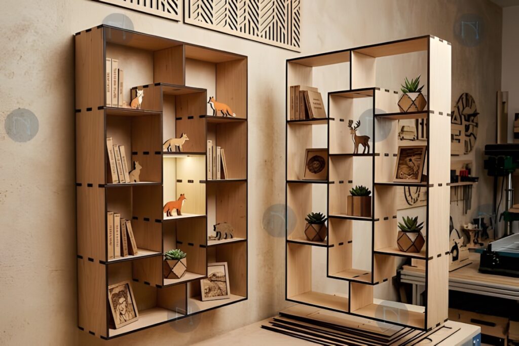 21 Laser Cut Organizer SVG Files for Home Storage Projects 20 Laser cut organizer wall shelves made from 12 mm material holding books, small plants, and decorative wooden animal figures