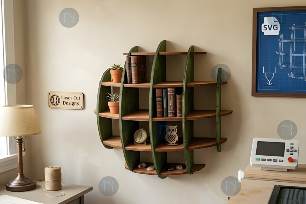 21 Laser Cut Organizer SVG Files for Home Storage Projects 30 Laser cut organizer wall-mounted bookshelf with green vertical supports and wooden shelves holding books and decor