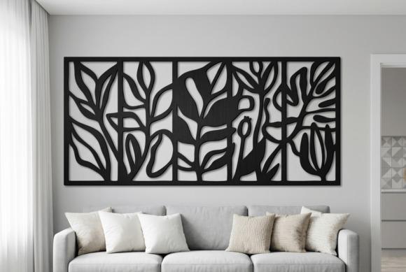 45 Laser Cut Panels for Indoor and Outdoor Features 7 Laser cut panels with connected botanical design mounted on a living room wall above a sofa