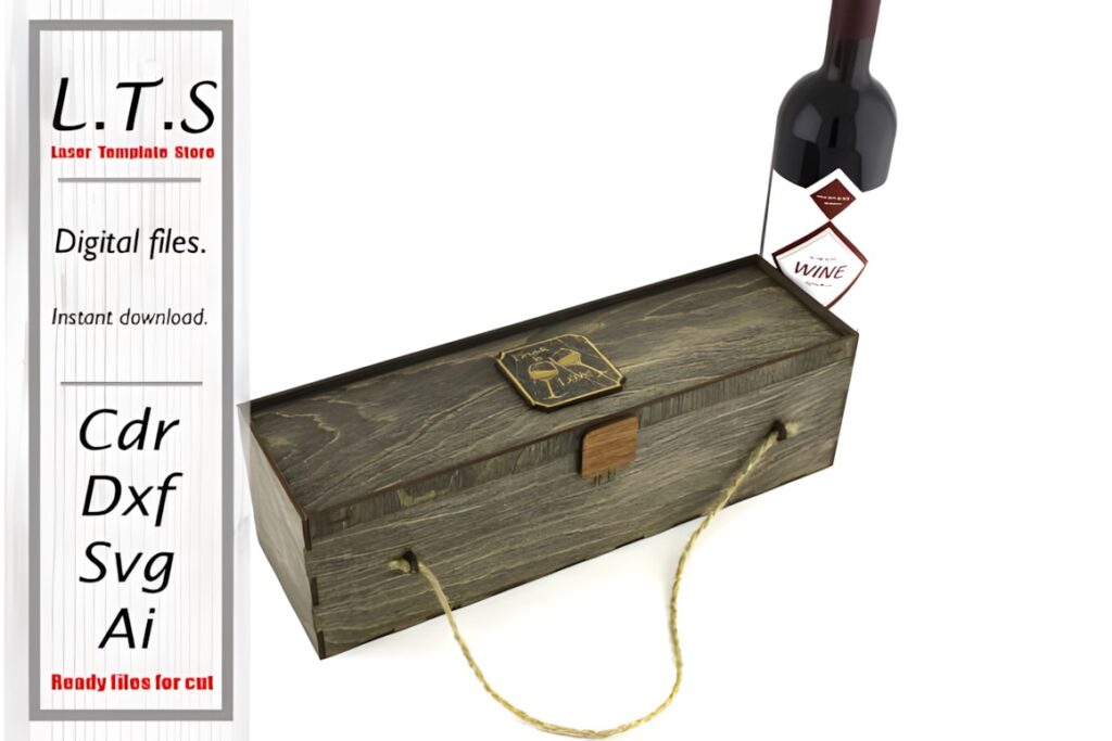45 Laser Cut Files for Ready-to-Make Laser Projects 37 Laser cut files for a wooden wine box with rope handles and a wine bottle, designed for laser cutting projects