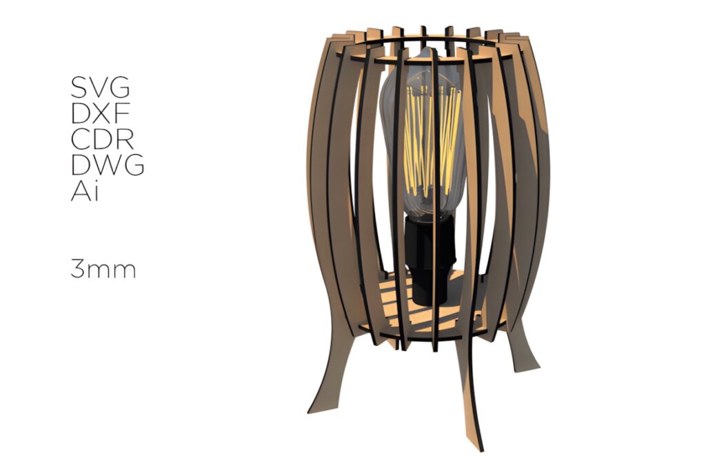 37 Laser Cut Ideas for Creative Maker Projects 12 Laser cut lamp shade made from 3 mm plywood with vertical slats and exposed light bulb inside