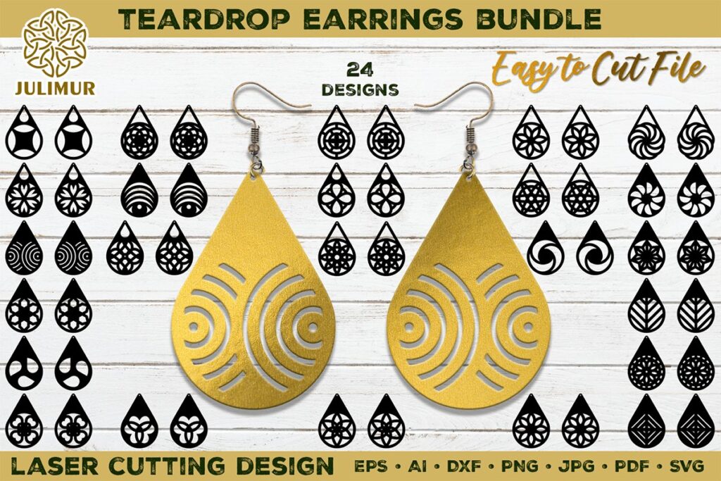 Laser cut wood earrings in teardrop shapes with decorative cutouts, part of a 24-design bundle for laser cutting