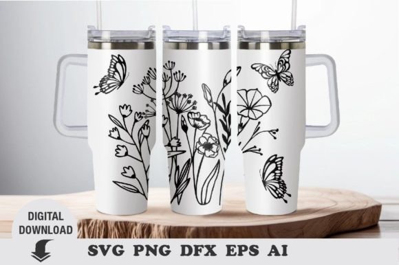 Laser engraving ideas showing a 40oz tumbler with floral and butterfly designs in black on white background