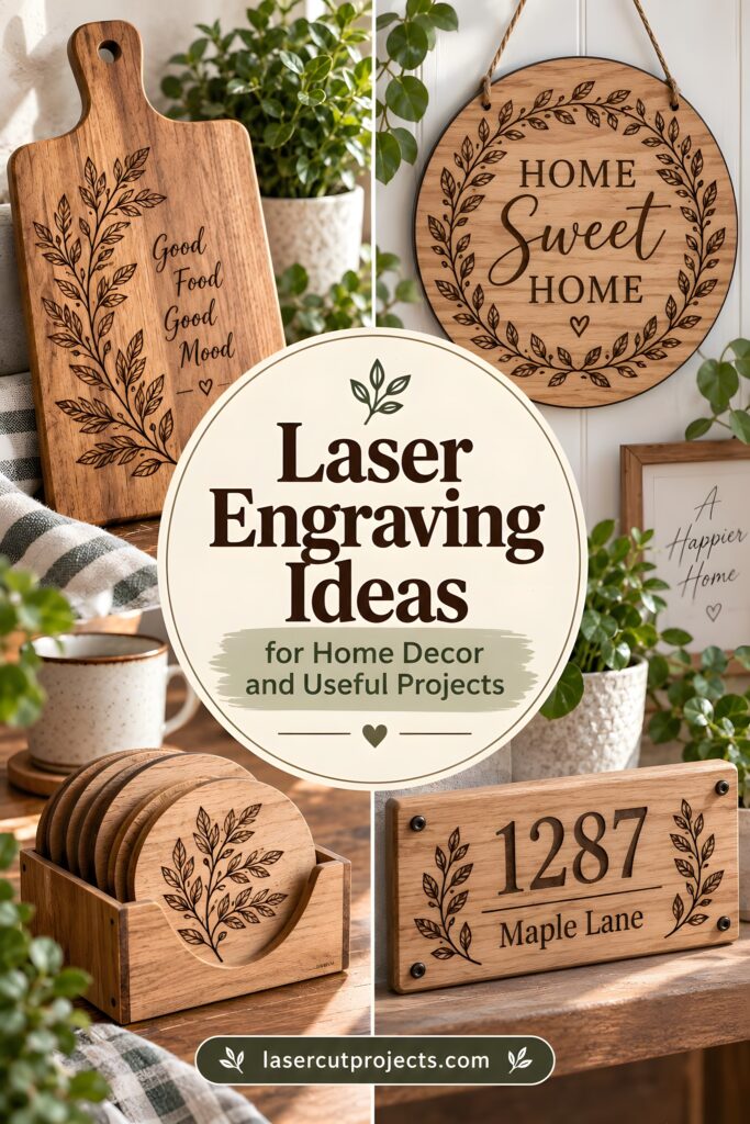 Laser Engraving Ideas for 10 Useful Home Projects 1 Laser engraving ideas for home decor including engraved cutting board, round wall sign, coaster set, and address plaque