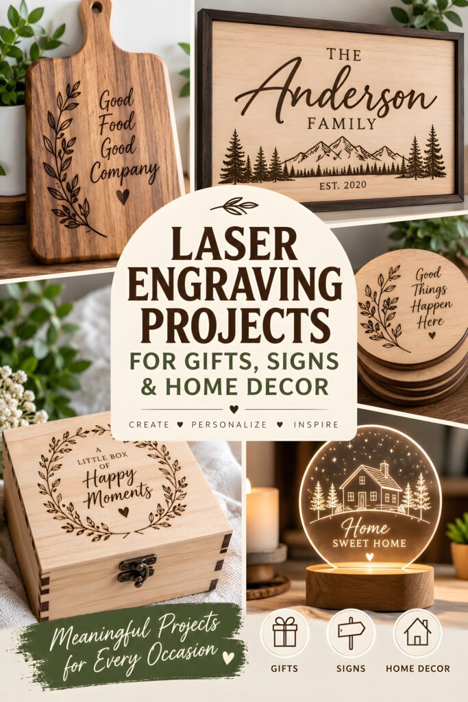 Laser Engraving Projects for Gifts, Signs and Home Decor 1 Laser engraving projects for gifts and home including personalized signs, coasters, cutting boards, and decorative boxes