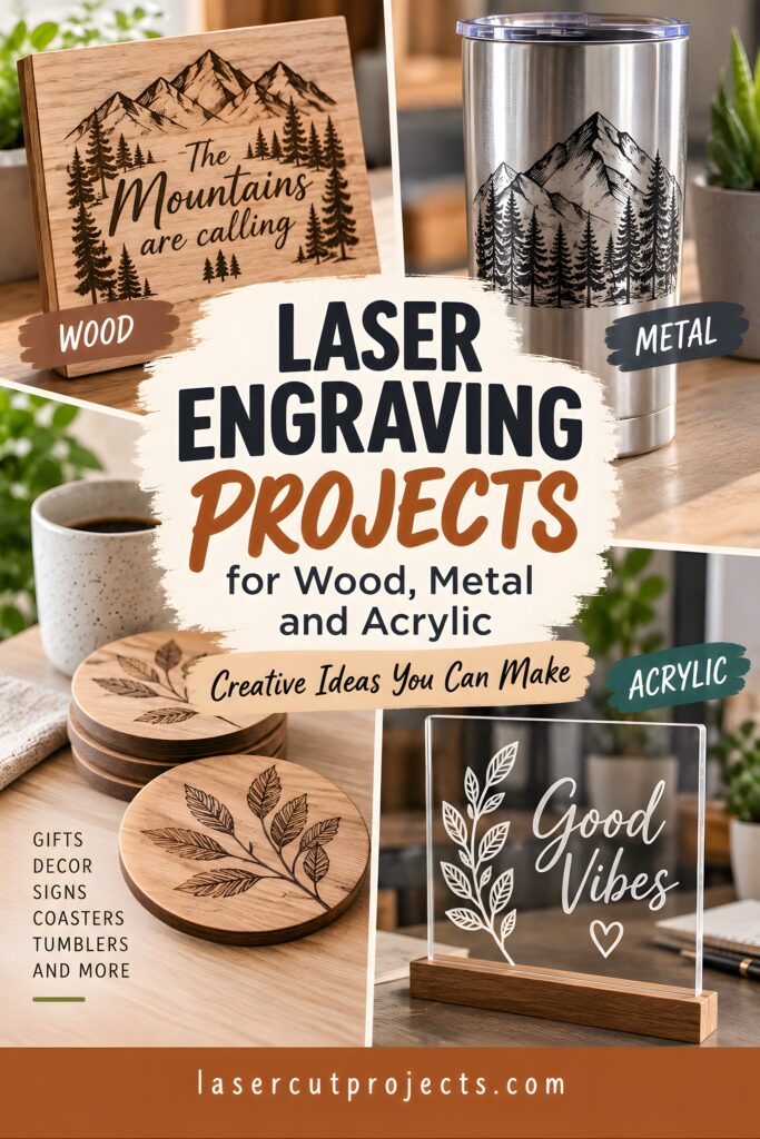 10 Laser Engraving Projects for Wood, Metal and Acrylic 1 Laser engraving projects for wood metal showing engraved wooden sign, metal tumbler, wooden coaster, and acrylic panel