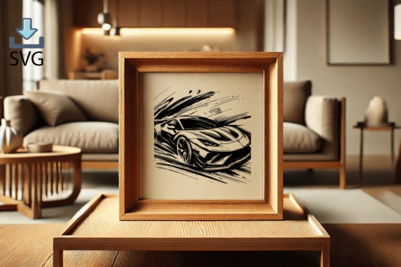 Laser engraving ideas showing a framed wood engraving of a sports car design in a modern living room