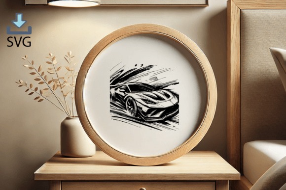 Laser engraving ideas showing a sleek sports car design engraved on a round wooden plaque