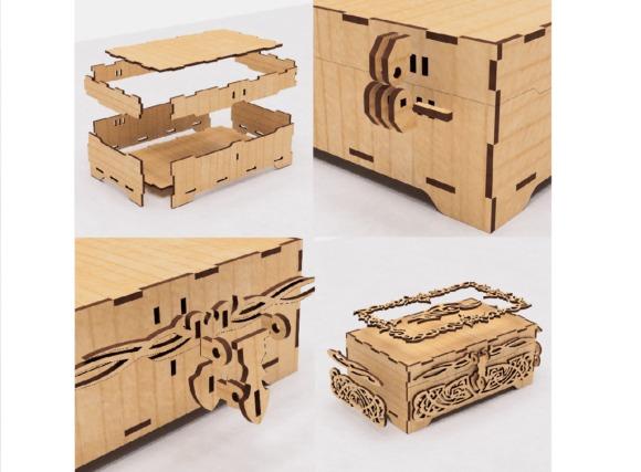 13 Laser Cut Box Projects for Cards, Keepsakes and Small Gifts 23 Laser cut box projects showing an ornate memory box with decorative patterns and lock detail in wood