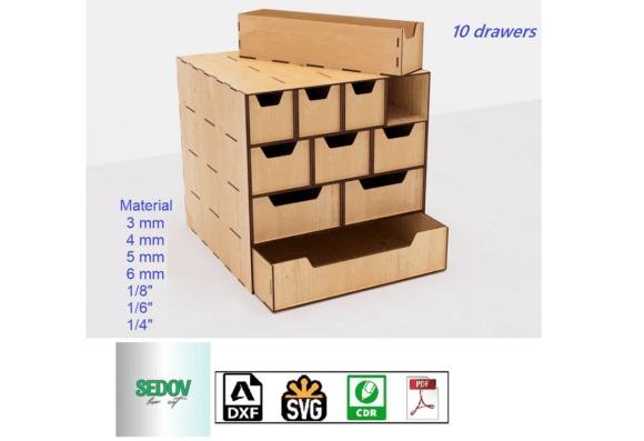 15 Laser Cut Box Ideas with Drawers, Lids and Compartments 8 Laser cut box ideas featuring a wooden organizer box with 10 drawers of varying sizes for flexible storage