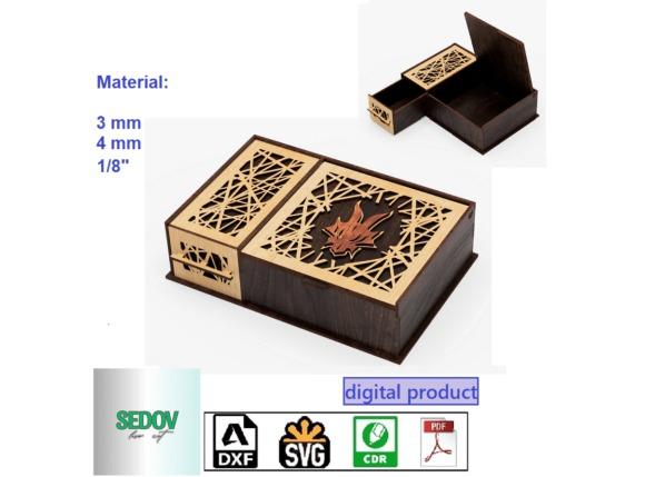 13 Laser Cut Box Projects for Cards, Keepsakes and Small Gifts 24 Laser cut box projects showing a trinket box with hinged lid and side drawer made from layered wood