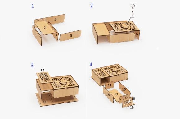 13 Laser Cut Box Projects for Cards, Keepsakes and Small Gifts 25 Laser cut box projects showing step-by-step assembly of a trinket box with lid and drawer from numbered wooden parts