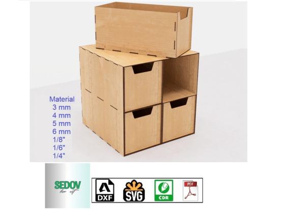 15 Laser Cut Box Ideas with Drawers, Lids and Compartments 4 laser cut box ideas with four drawers in a compact two-by-two arrangement made of wood