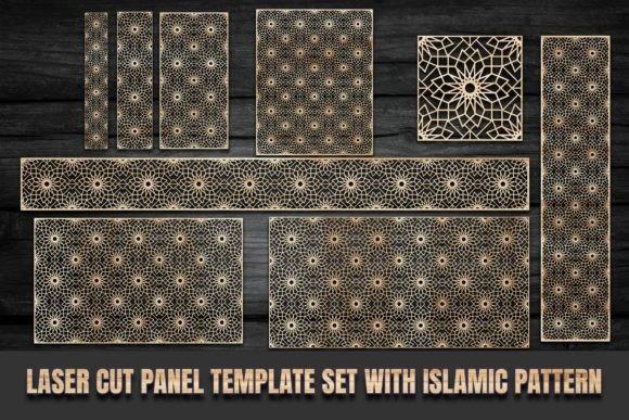 45 Laser Cut Panels for Indoor and Outdoor Features 38 Laser cut panels with Islamic geometric patterns arranged on a dark surface