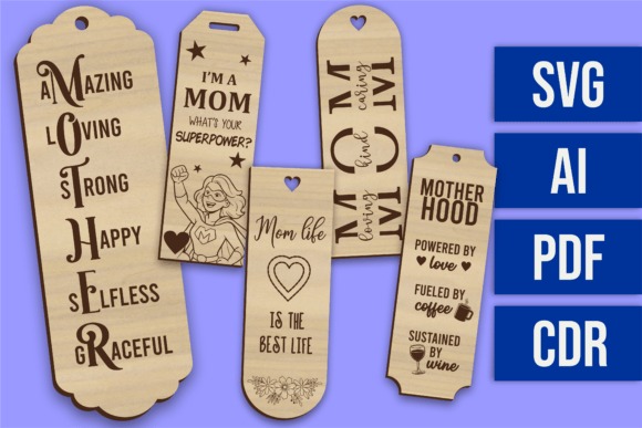 Laser engraving ideas showing five wooden bookmarks with Mother's Day messages and designs