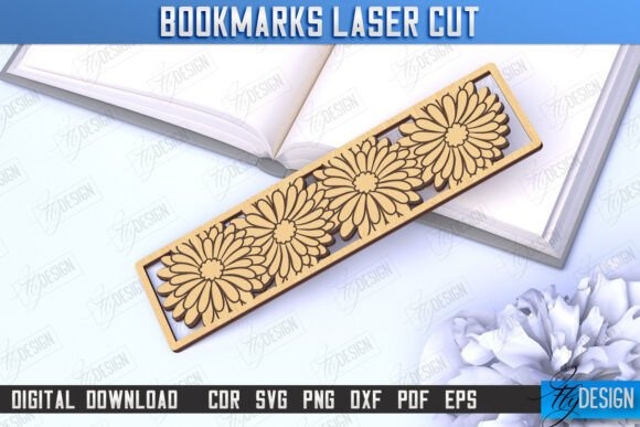 Laser engraving ideas floral bookmark with detailed daisy pattern on wood placed on open book