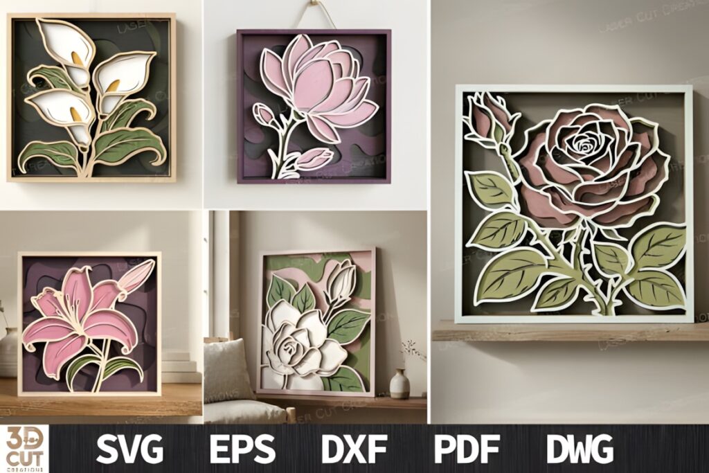 29 Laser Cut SVG Files for Wood, MDF and Acrylic Projects 43 Layered floral wall art made from laser cut SVG files for wood projects showing dimensional shadow-box flowers in frames