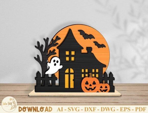Layered Halloween Haunted House — Halloween laser cut ideas Halloween laser cut ideas layered haunted house with ghost, pumpkins, bats, and full moon on wooden base