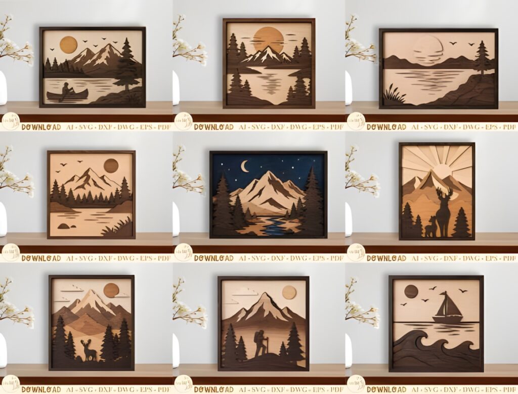 29 Laser Cut SVG Files for Wood, MDF and Acrylic Projects 2 Laser cut SVG files for wood projects featuring layered nature landscapes with mountains, forests, lakes, and wildlife