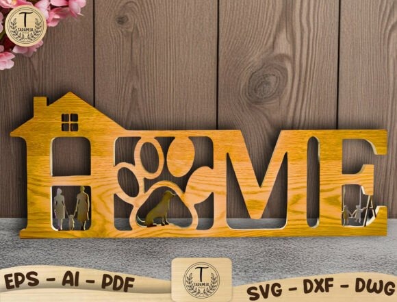 10 Best Useful Laser Engraving Projects for Home: Ideas and Tips 11 Layered wooden home sign laser engraving projects for home with house silhouette, people, dog, and word HOME