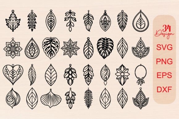 Laser cut wood earrings featuring 34 leaf-inspired designs in SVG, PNG, EPS, and DXF formats