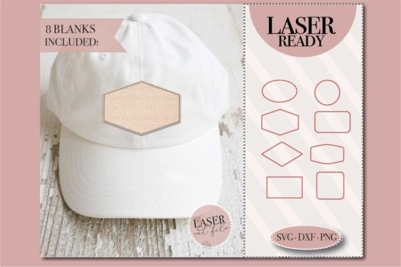 White hat with a customizable leather patch in various blank shapes for laser engraving ideas