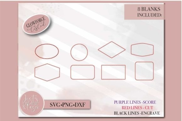 Set of 8 blank leather patch shapes for laser engraving ideas including oval, circle, diamond, and rectangle designs