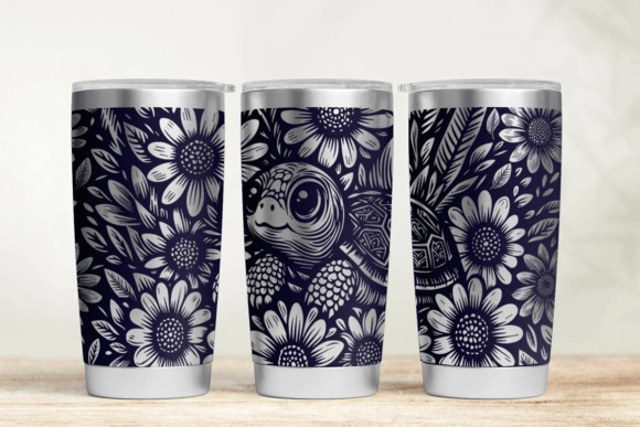 Laser engraving ideas featuring a little turtle and floral design on 20oz and 30oz tumblers