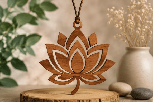 Laser cut necklace with a layered lotus flower wooden pendant hanging on a cord