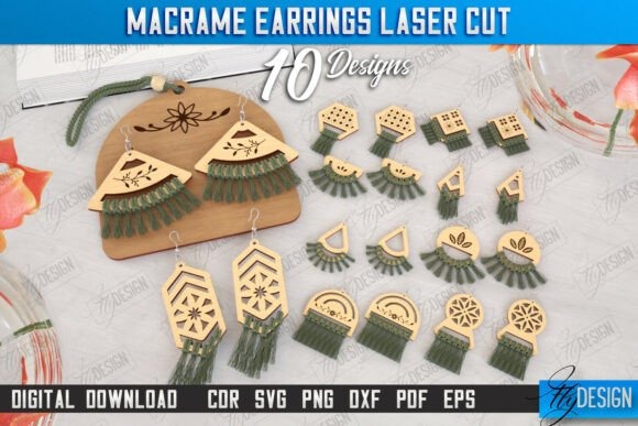 15 Laser Cut Pendant Ideas for Unique Handmade Jewelry 7 Laser cut pendant and earring designs with macrame-inspired boho shapes in wood and green tassels