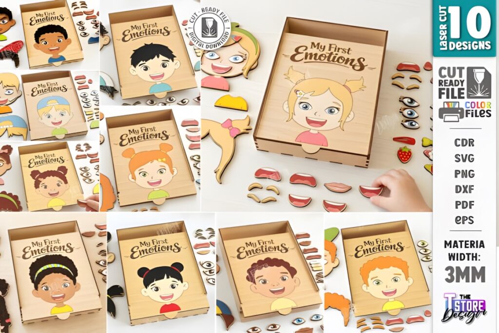 22 Educational Laser Cut Puzzles for Kids with SVG Files 31 Educational laser cut puzzles featuring interchangeable facial elements for recognizing emotions and expressions