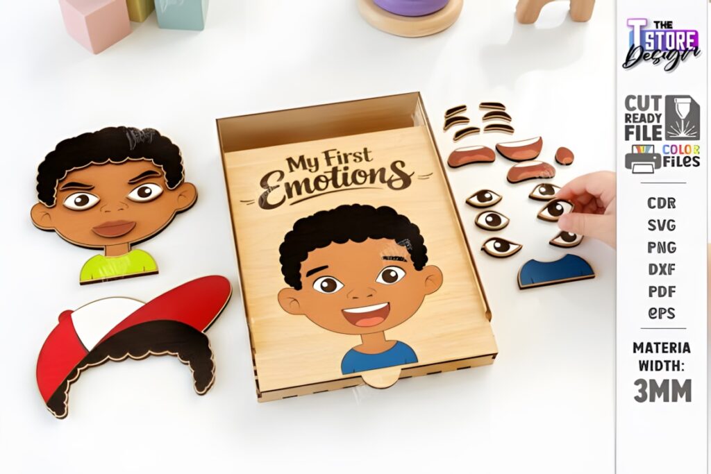 22 Educational Laser Cut Puzzles for Kids with SVG Files 30 Educational laser cut puzzles featuring interchangeable facial elements for emotions and expressions learning