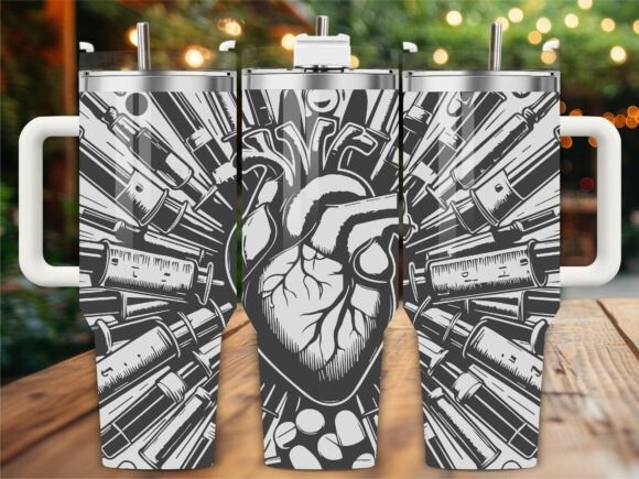 40-ounce Stanley-style tumbler with medical heart laser engraving ideas featuring syringes and pills