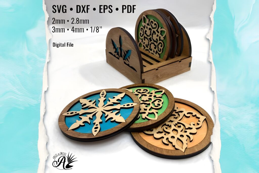 37 Laser Cut Ideas for Creative Maker Projects 18 Laser cut Mediterranean coasters with holder in various wood tones and intricate patterns, available in multiple file