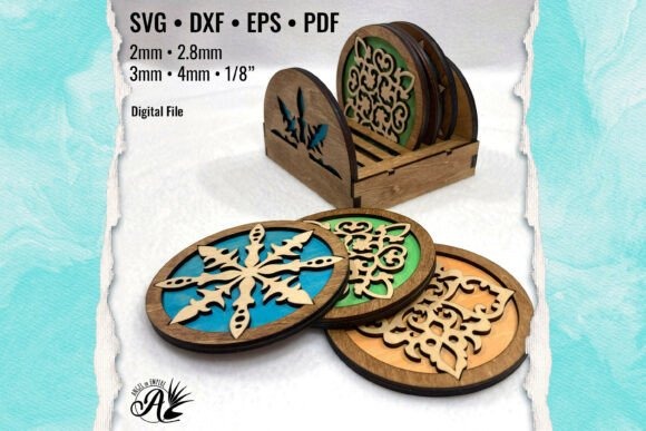 10 Best Useful Laser Engraving Projects for Home: Ideas and Tips 12 Mediterranean coasters with holder laser engraving projects for home, featuring three decorative wooden coasters and a