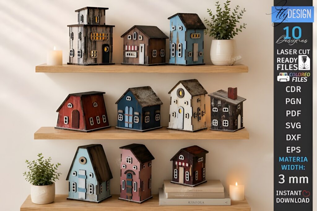 29 Laser Cut SVG Files for Wood, MDF and Acrylic Projects 36 Laser cut SVG files for wood projects showing miniature house nightlights in various colors and designs on wooden shelves